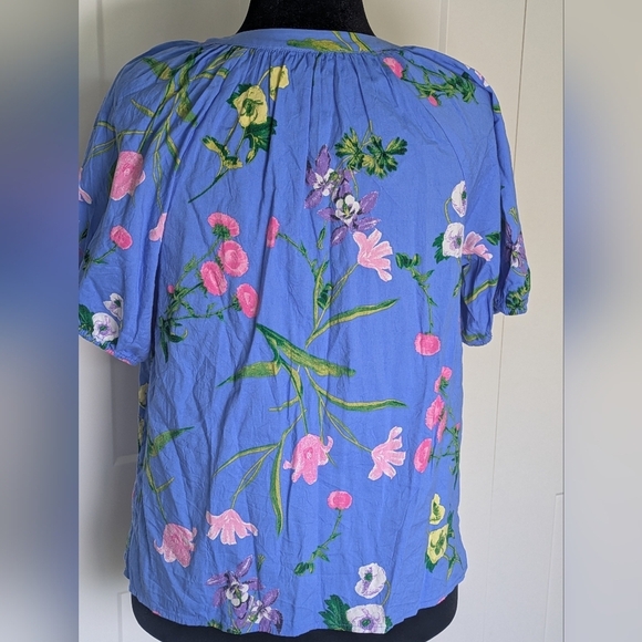 LOFT Women's Floral Blue Blouse Top Deep V-neck Balloon Sleeve Sz M - Picture 7 of 9